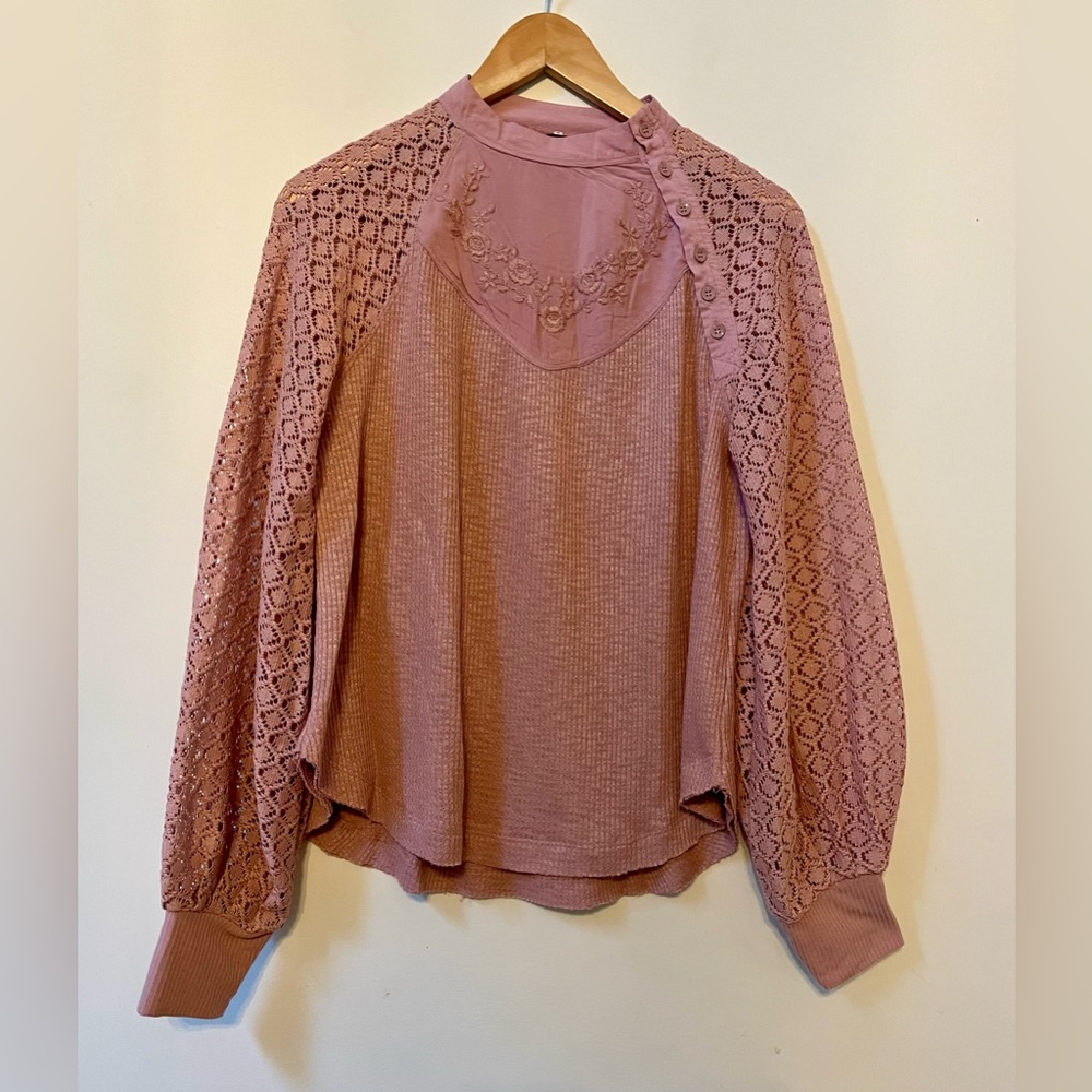Free People Womens Sweetest Thing Embroidered Lace Sleeve Thermal Top Pink Small